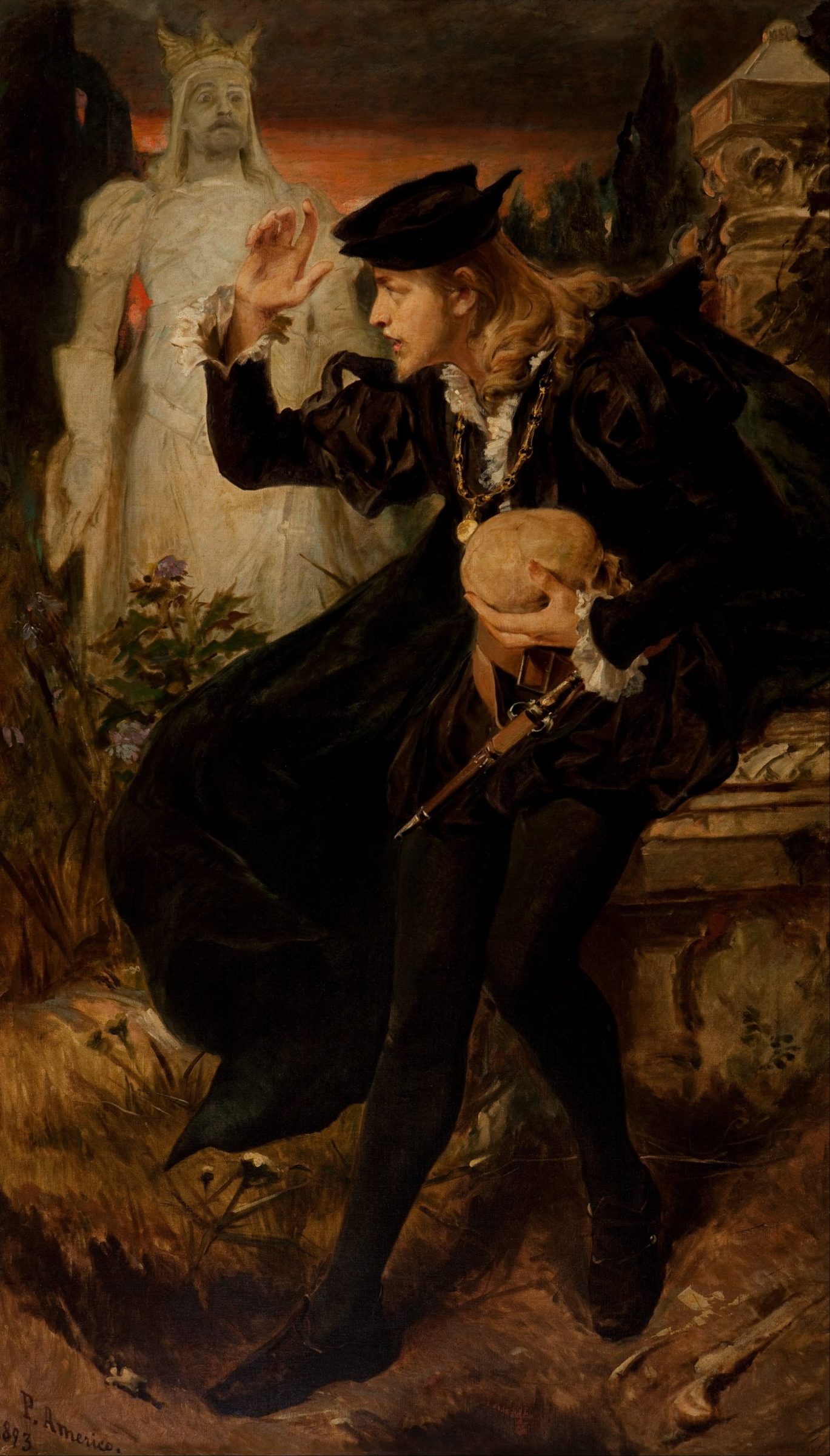 Pintura de Pedro Américo: Hamlet, con un cráneo en la mano, mira al fantasma de su padre, de blanco y con corona, en un cementerio al atardecer